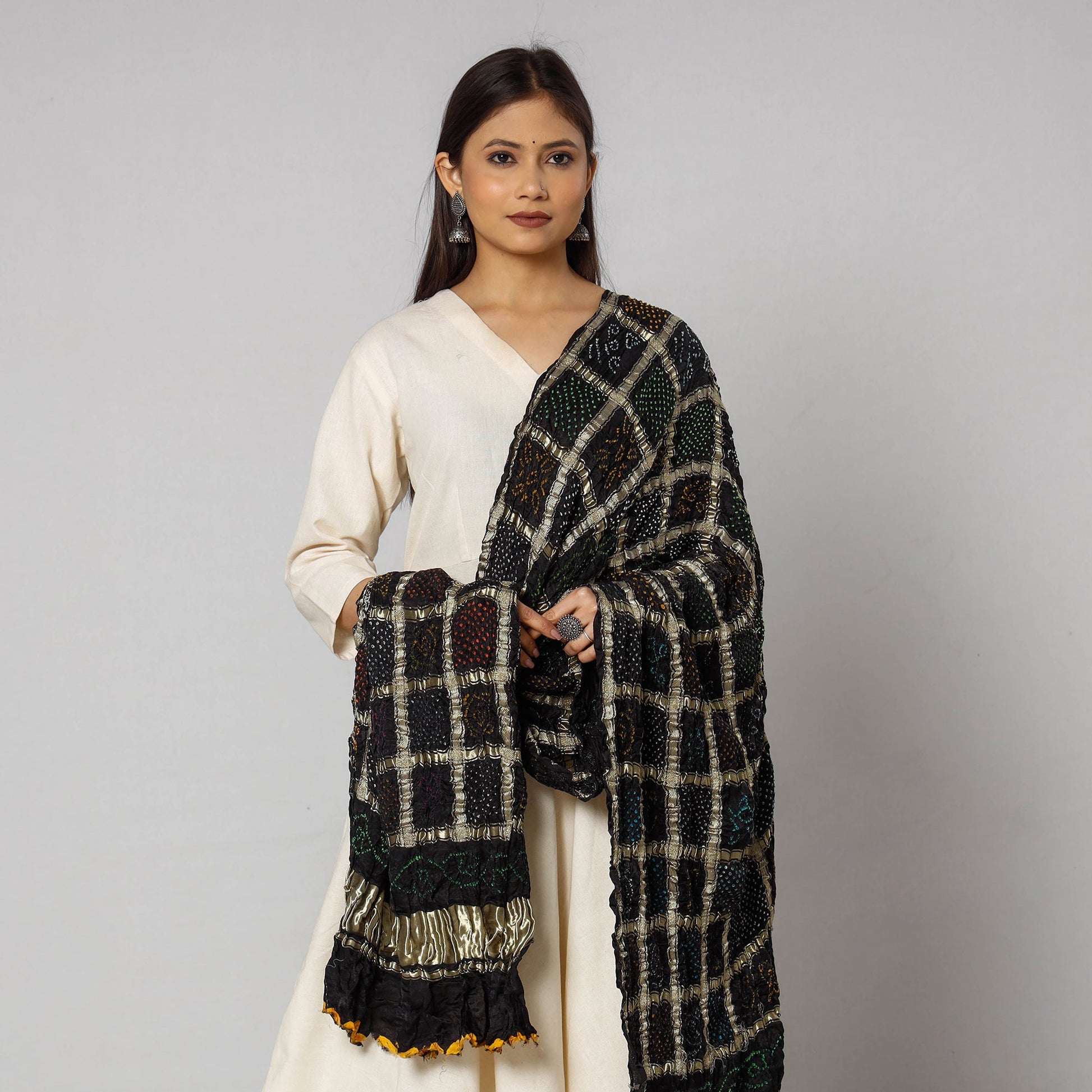 Black - Kutch Bandhani Tie-Dye Zari Checks Modal Silk Dupatta