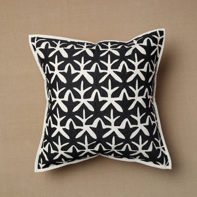 Black - Bakhiya Tanka Applique Work Cotton Cushion Cover (16 x 16 in)