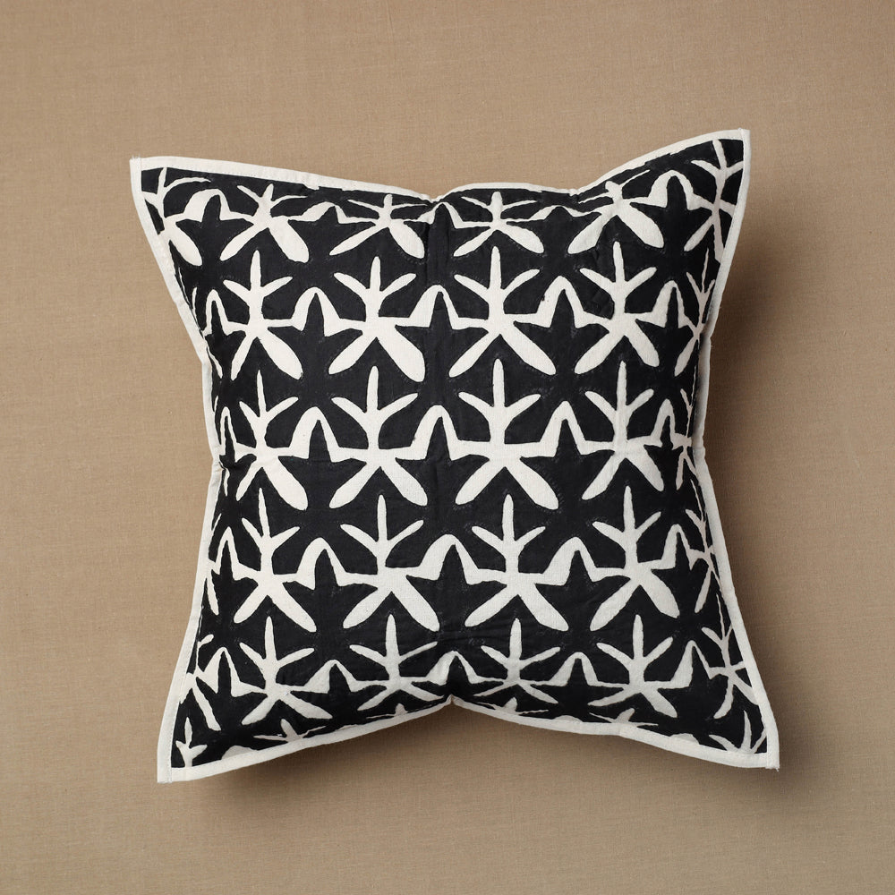 Black - Bakhiya Tanka Applique Work Cotton Cushion Cover (16 x 16 in)