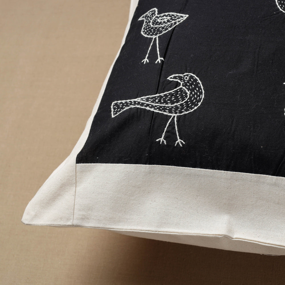 Black - Bakhiya Tanka Embroidered Cotton Cushion Cover (16 x 16 in)