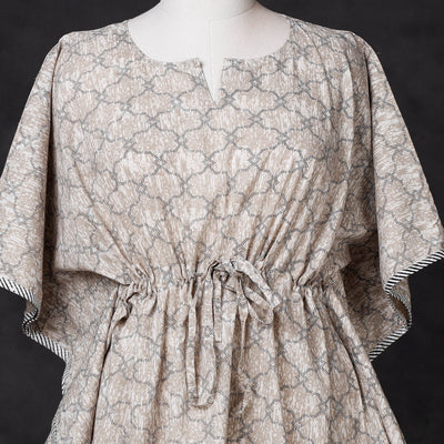 Brown - Hand Block Printed Cotton Kaftan with Tie-Up Waist (Short)