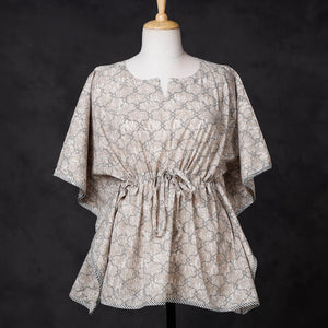 Brown - Hand Block Printed Cotton Kaftan with Tie-Up Waist (Short)