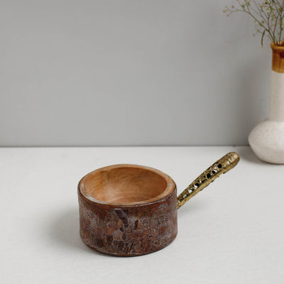 Brown - Hand Carved Natural Mahogany Wooden Bowl with Dokra Handle (5 x 5 in)