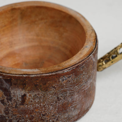 Brown - Hand Carved Natural Mahogany Wooden Bowl with Dokra Handle (5 x 5 in)