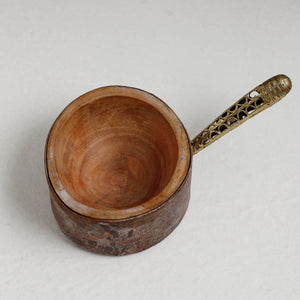 Brown - Hand Carved Natural Mahogany Wooden Bowl with Dokra Handle (5 x 5 in)