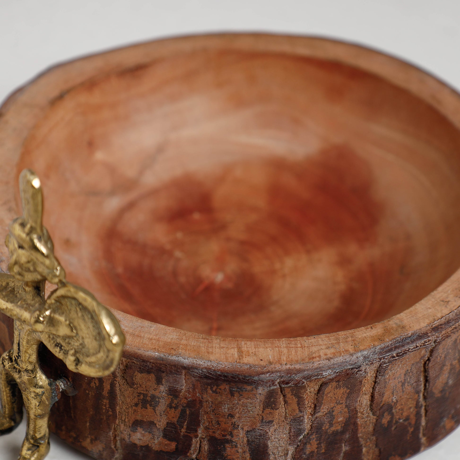 Brown - Hand Carved Natural Mahogany Wooden Bowl with Dokra Handle (6 x 5 in)