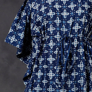 Blue - Hand Block Printed Cotton Kaftan with Tie-Up Waist (Long)