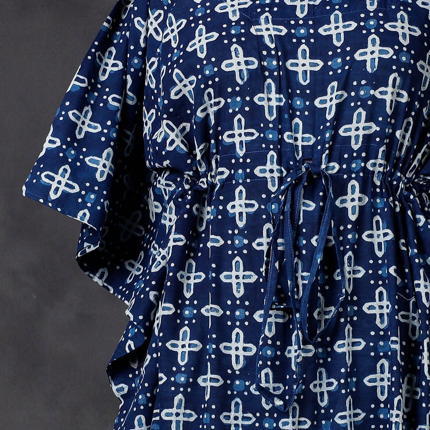 Blue - Hand Block Printed Cotton Kaftan with Tie-Up Waist (Long)