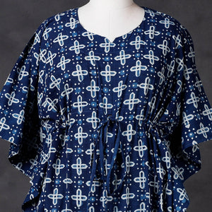 Blue - Hand Block Printed Cotton Kaftan with Tie-Up Waist (Long)