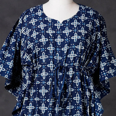 Blue - Hand Block Printed Cotton Kaftan with Tie-Up Waist (Long)