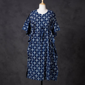 Blue - Hand Block Printed Cotton Kaftan with Tie-Up Waist (Long)