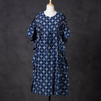 Blue - Hand Block Printed Cotton Kaftan with Tie-Up Waist (Long)