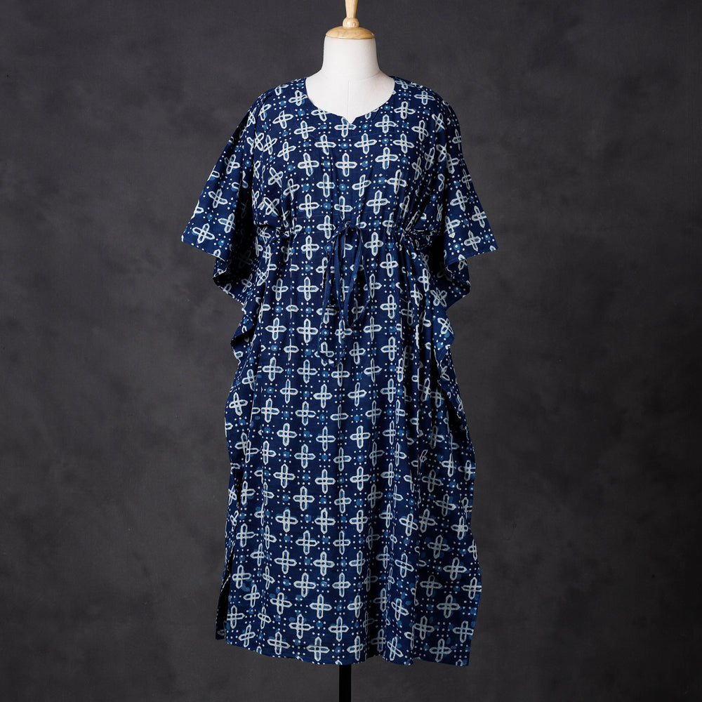 Blue - Hand Block Printed Cotton Kaftan with Tie-Up Waist (Long)