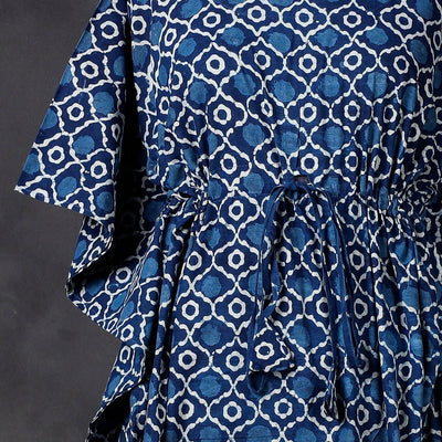 Blue - Hand Block Printed Cotton Kaftan with Tie-Up Waist (Long)
