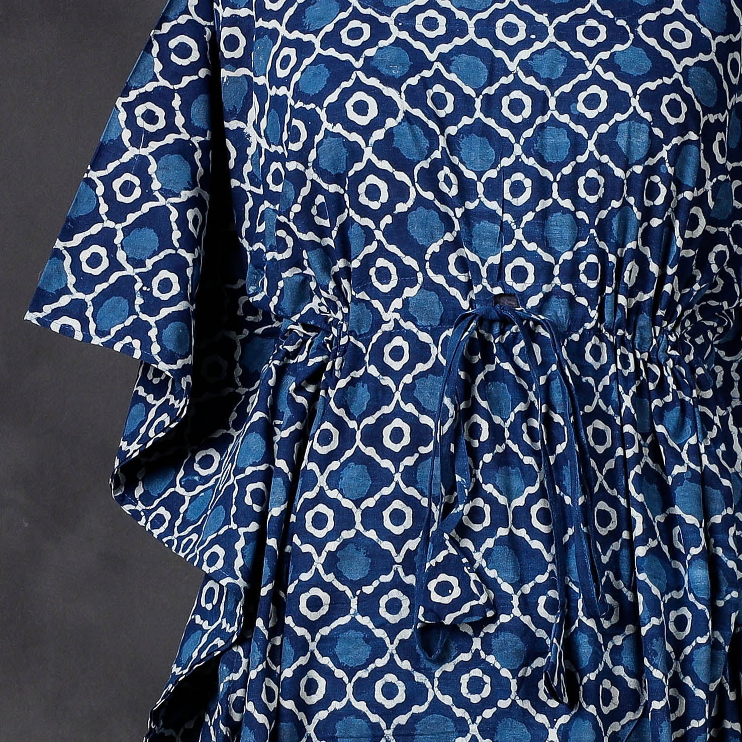 Blue - Hand Block Printed Cotton Kaftan with Tie-Up Waist (Long)