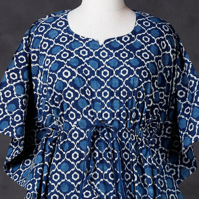 Blue - Hand Block Printed Cotton Kaftan with Tie-Up Waist (Long)