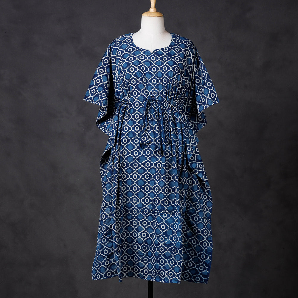 Blue - Hand Block Printed Cotton Kaftan with Tie-Up Waist (Long)