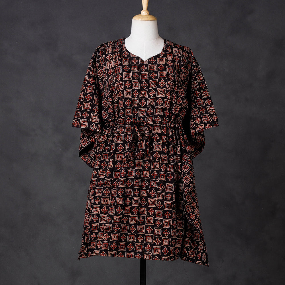 Black - Ajrakh Block Printed Kaftan with Oxidized Earrings & Jewelry Box