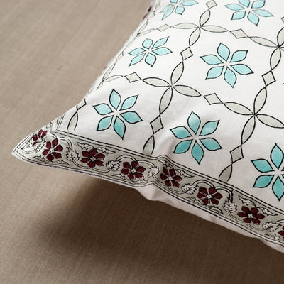 Blue - Flowers with Check Pattern Sanganeri Block Printed Cotton Cushion Cover (16 x 16 in)