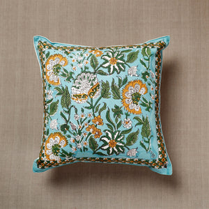 Blue - Green - Gulbahar Sanganeri Block Printed Cotton Cushion Cover (16 x 16 in) 02