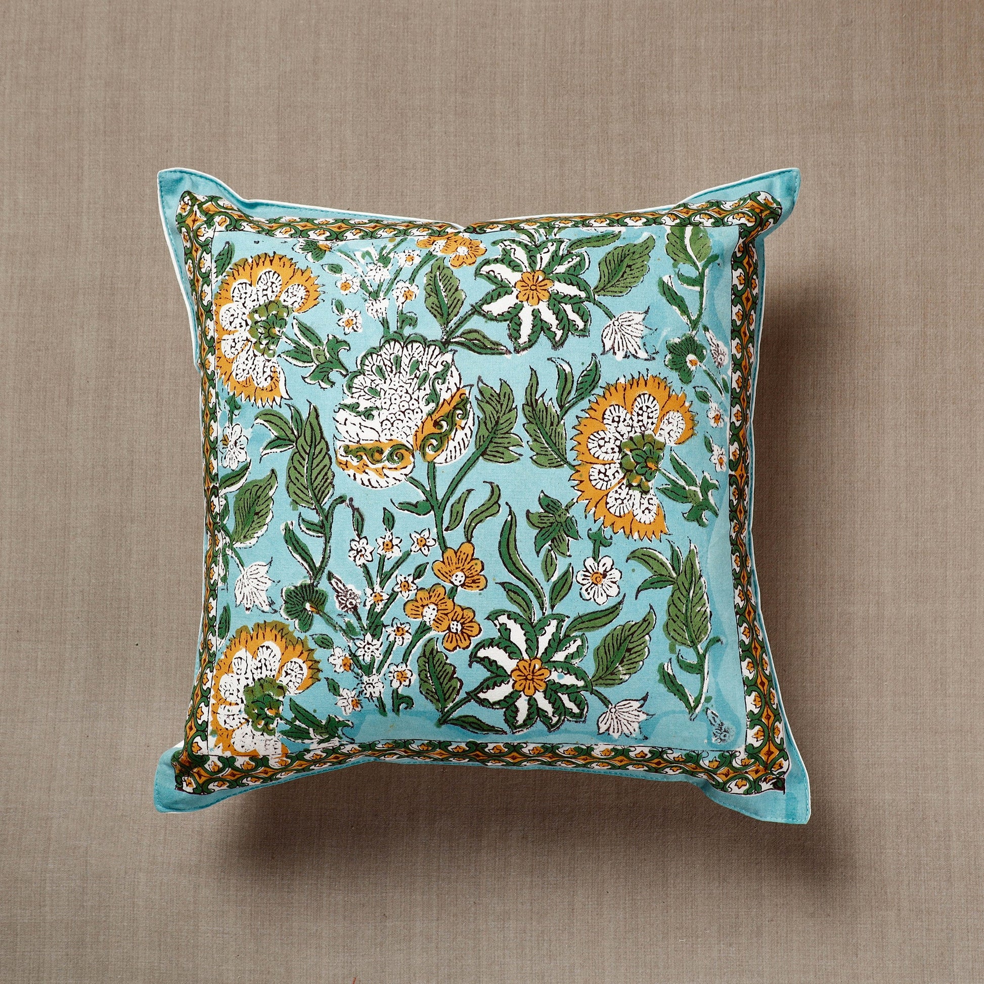 Blue - Green - Gulbahar Sanganeri Block Printed Cotton Cushion Cover (16 x 16 in) 02
