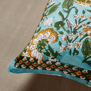 Blue - Green - Gulbahar Sanganeri Block Printed Cotton Cushion Cover (16 x 16 in) 02
