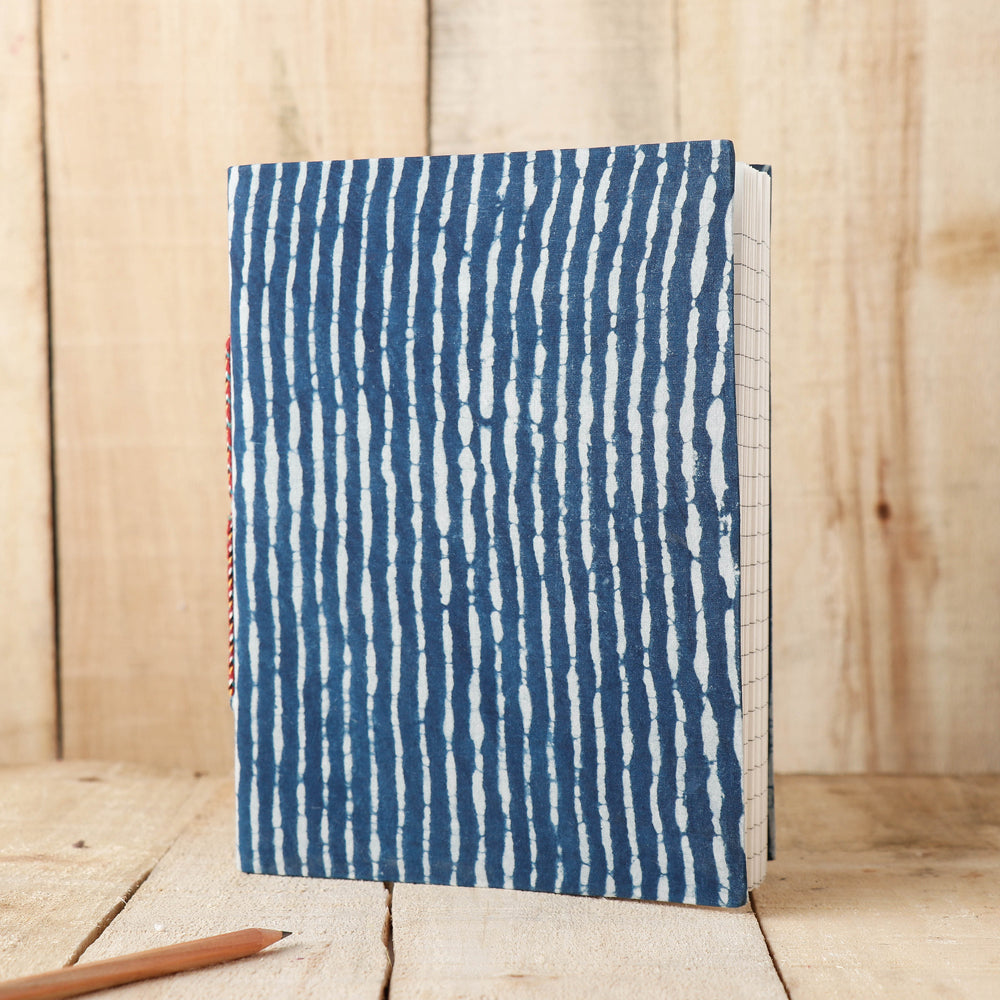 Blue - Art Block Print Fabric Cover Handmade Paper Notebook (9 x 7 in)