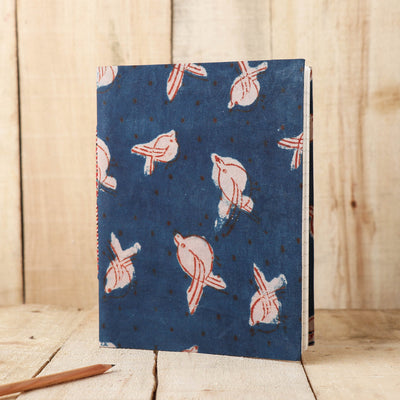 Blue - Art Block Print Fabric Cover Handmade Paper Notebook (9 x 7 in)