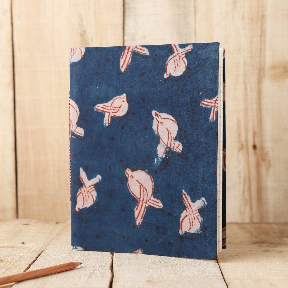 Blue - Art Block Print Fabric Cover Handmade Paper Notebook (9 x 7 in)