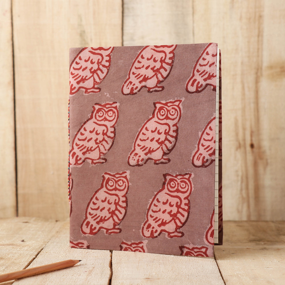 Brown - Art Block Print Fabric Cover Handmade Paper Notebook (9 x 7 in)