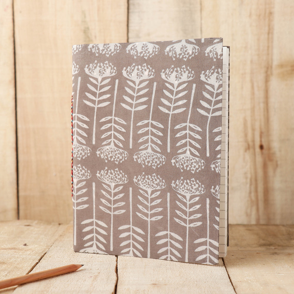 Brown - Art Block Print Fabric Cover Handmade Paper Notebook (9 x 7 in)