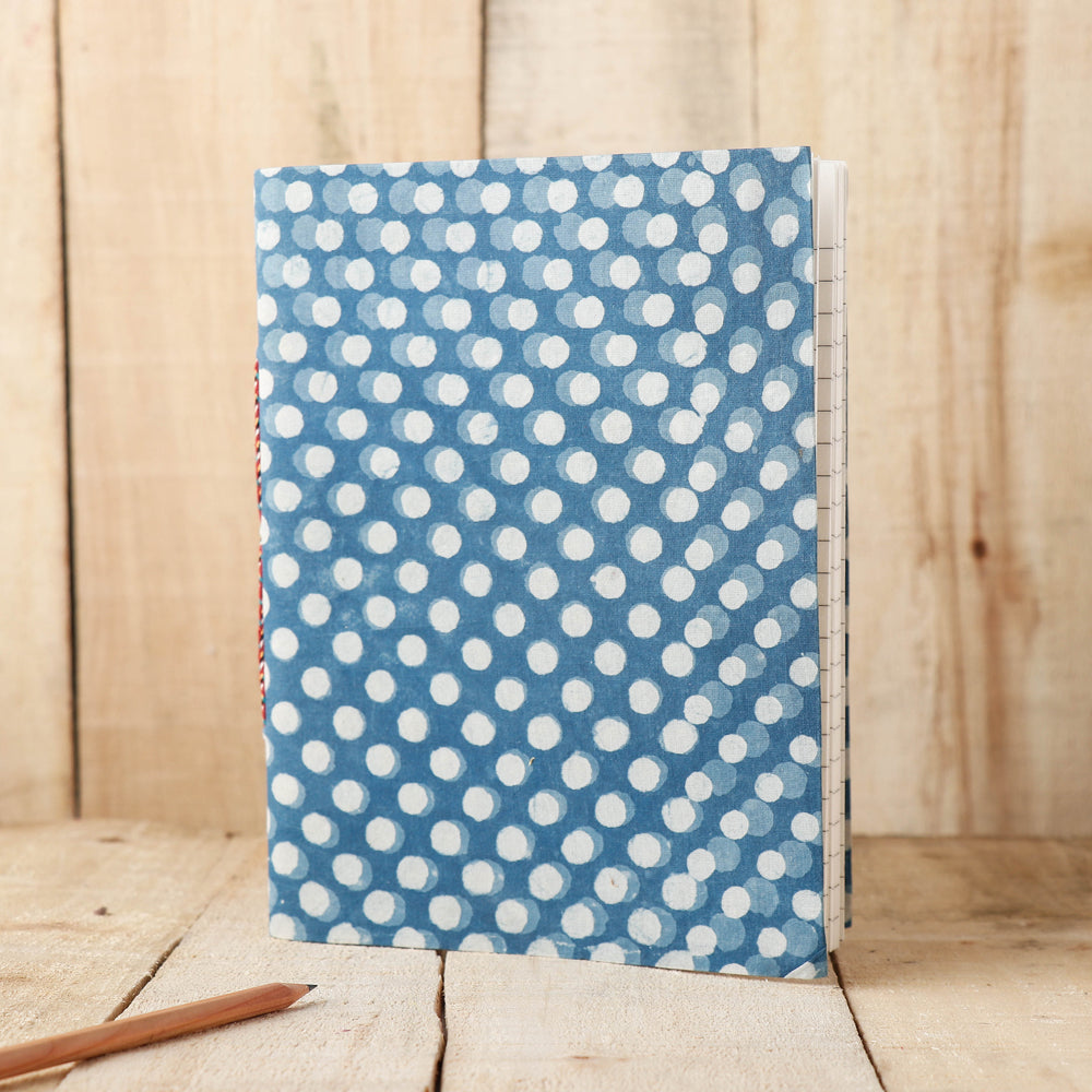 Blue - Art Block Print Fabric Cover Handmade Paper Notebook (9 x 7 in)