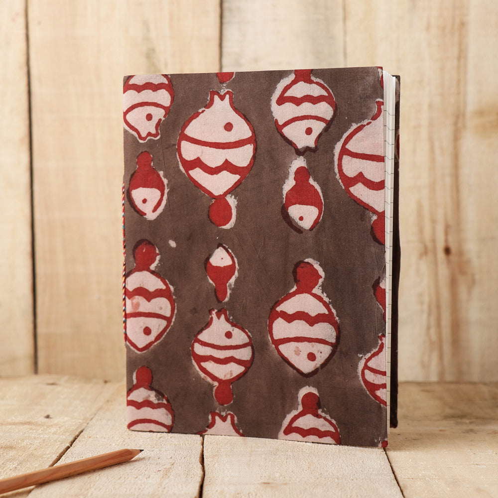 Brown - Art Block Print Fabric Cover Handmade Paper Notebook (9 x 7 in)