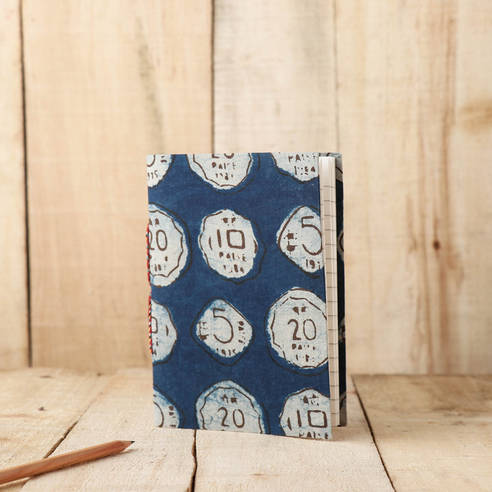 Blue - Art Block Print Fabric Cover Handmade Paper Notebook (7 x 5 in)