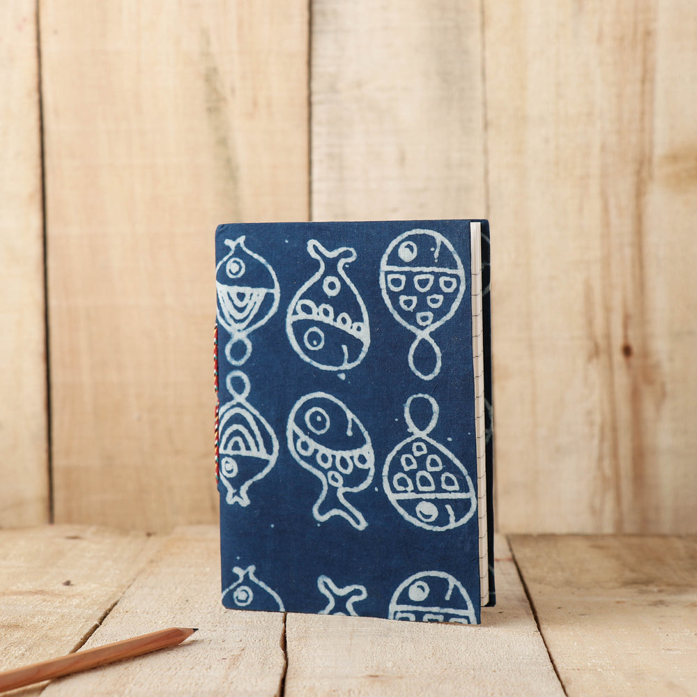 Blue - Art Block Print Fabric Cover Handmade Paper Notebook (7 x 5 in)