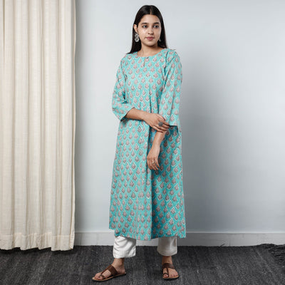 Aqua Blue - Sanganeri Block Printed Cotton Long Kurta