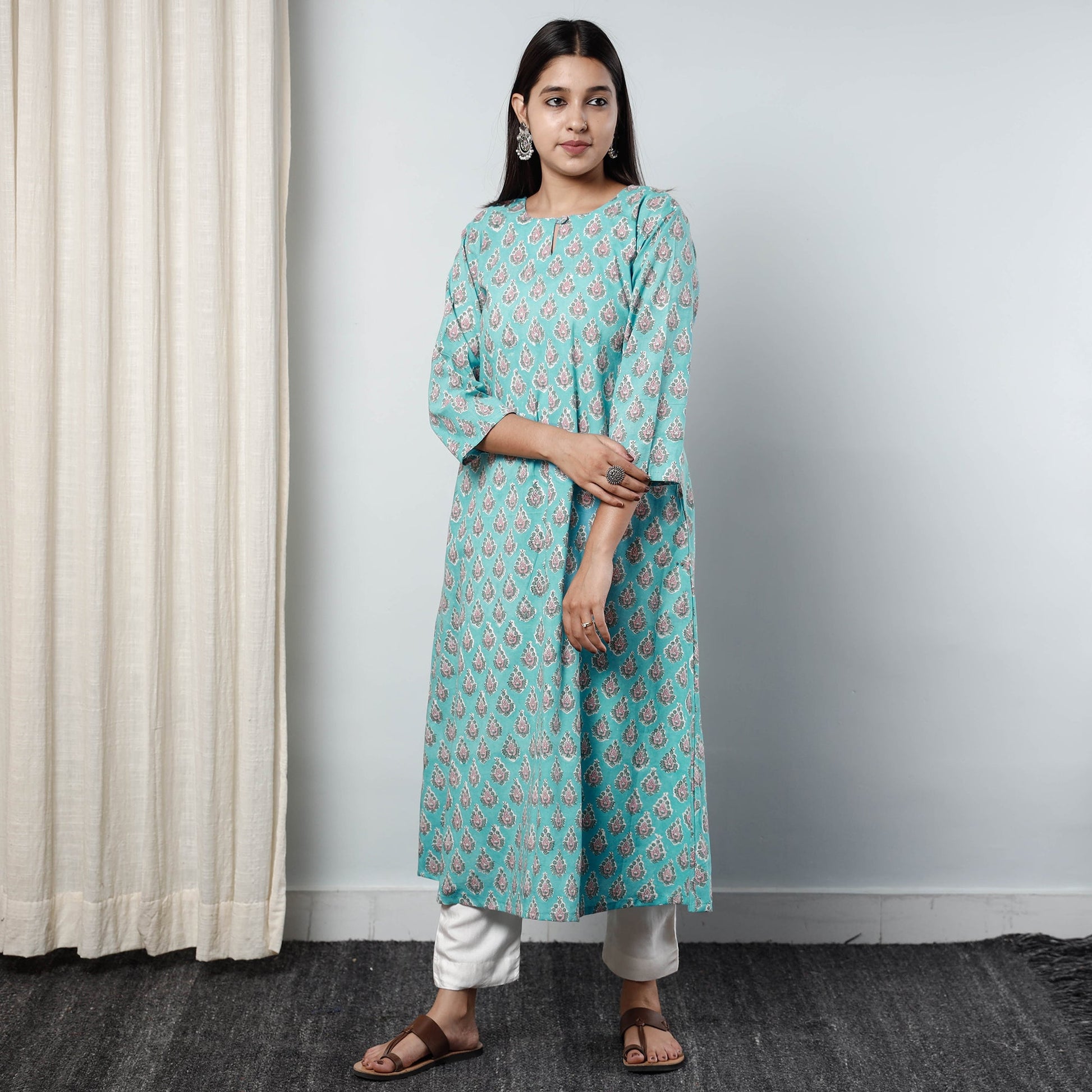 Aqua Blue - Sanganeri Block Printed Cotton Long Kurta
