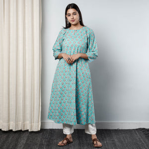 Aqua Blue - Sanganeri Block Printed Cotton Long Kurta