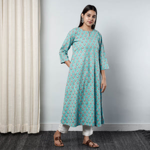 Aqua Blue - Sanganeri Block Printed Cotton Long Kurta