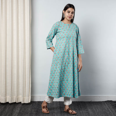 Aqua Blue - Sanganeri Block Printed Cotton Long Kurta