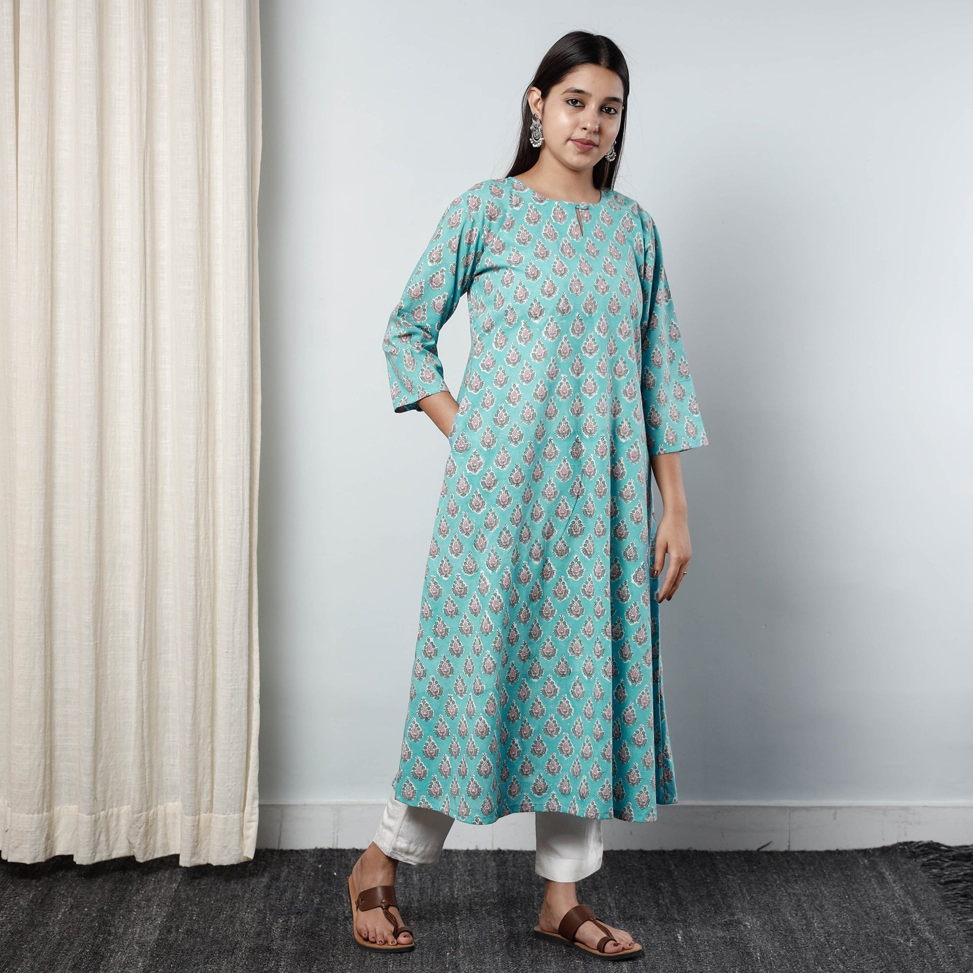Aqua Blue - Sanganeri Block Printed Cotton Long Kurta