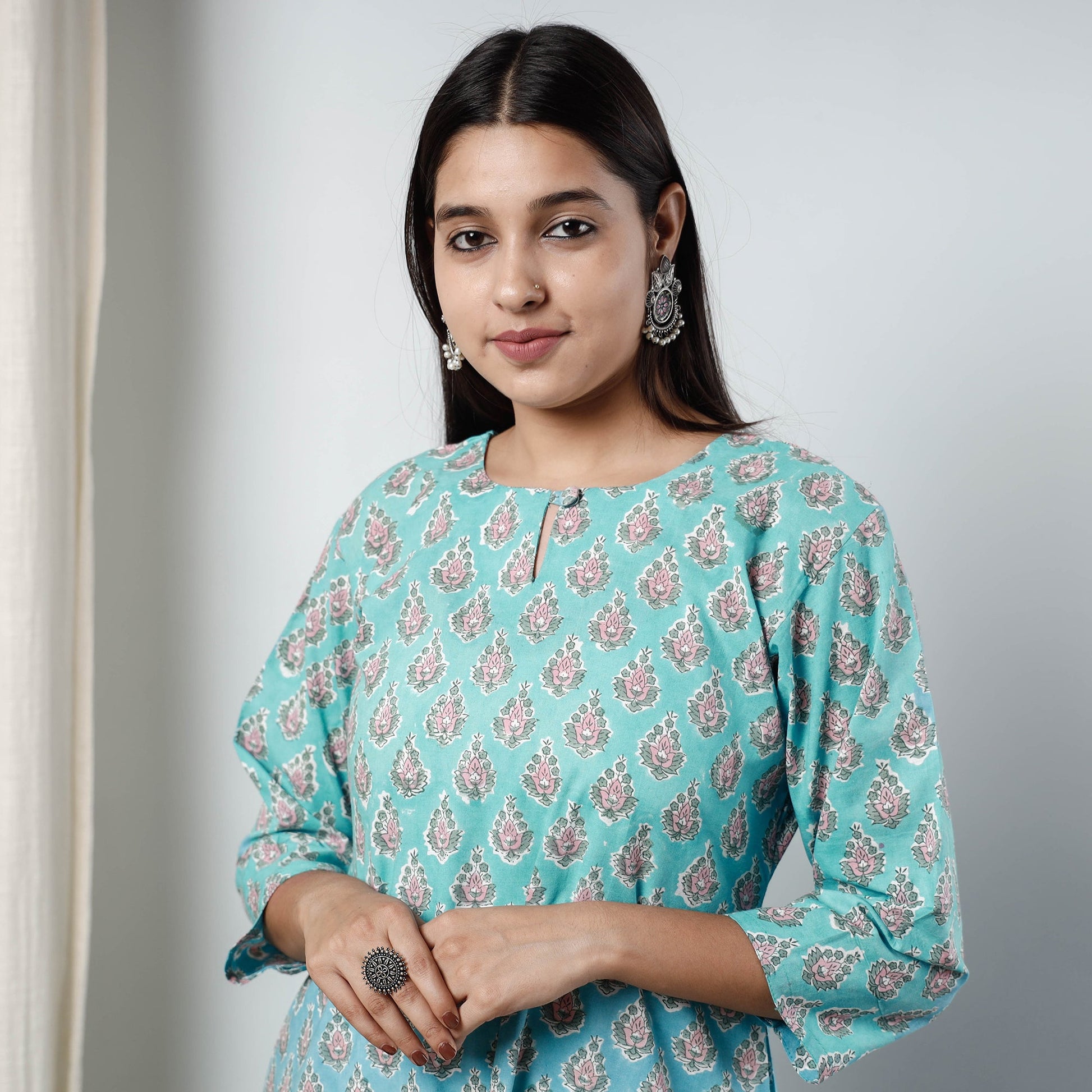 Aqua Blue - Sanganeri Block Printed Cotton Long Kurta