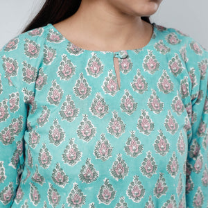 Aqua Blue - Sanganeri Block Printed Cotton Long Kurta