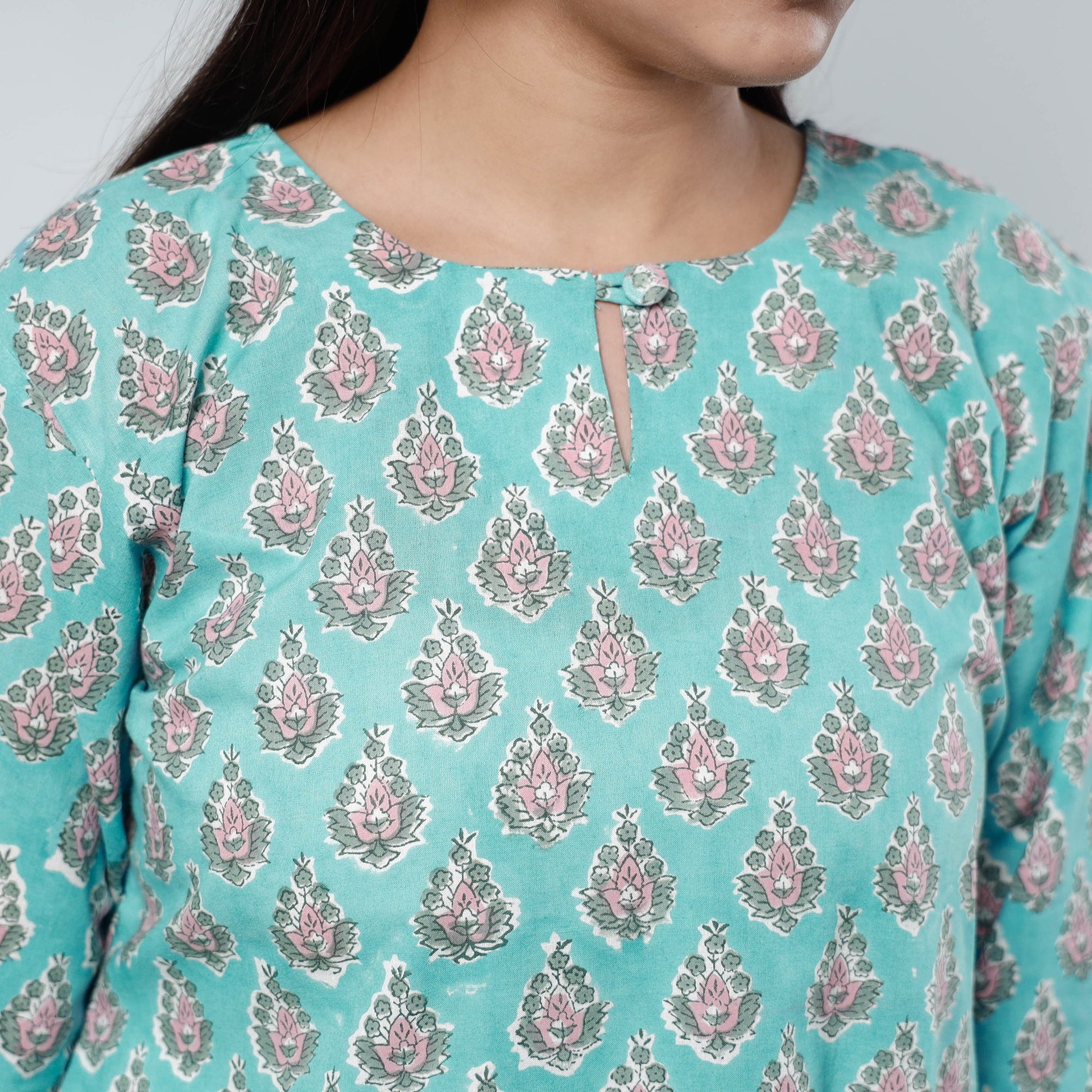 Aqua Blue - Sanganeri Block Printed Cotton Long Kurta