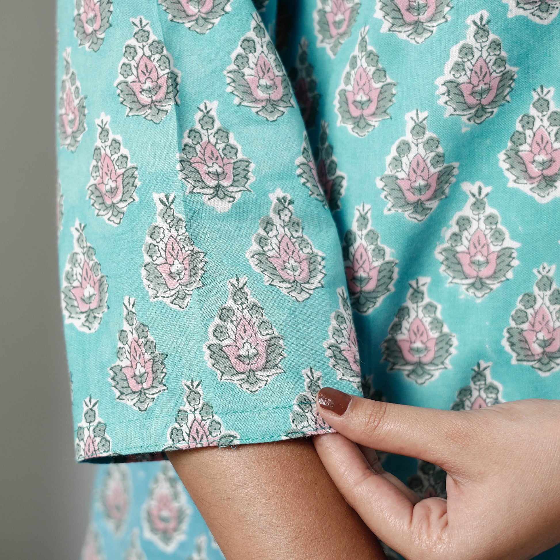 Aqua Blue - Sanganeri Block Printed Cotton Long Kurta