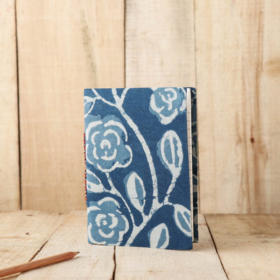 Blue - Art Block Print Fabric Cover Handmade Paper Notebook (7 x 5 in)