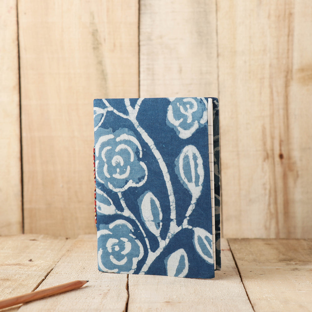 Blue - Art Block Print Fabric Cover Handmade Paper Notebook (7 x 5 in)
