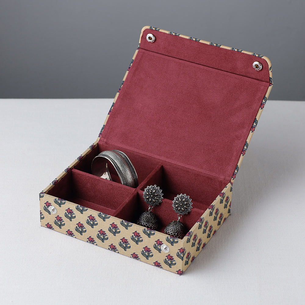 Beige - Floral Printed Handcrafted Jewelry Box (7 x 5 in)