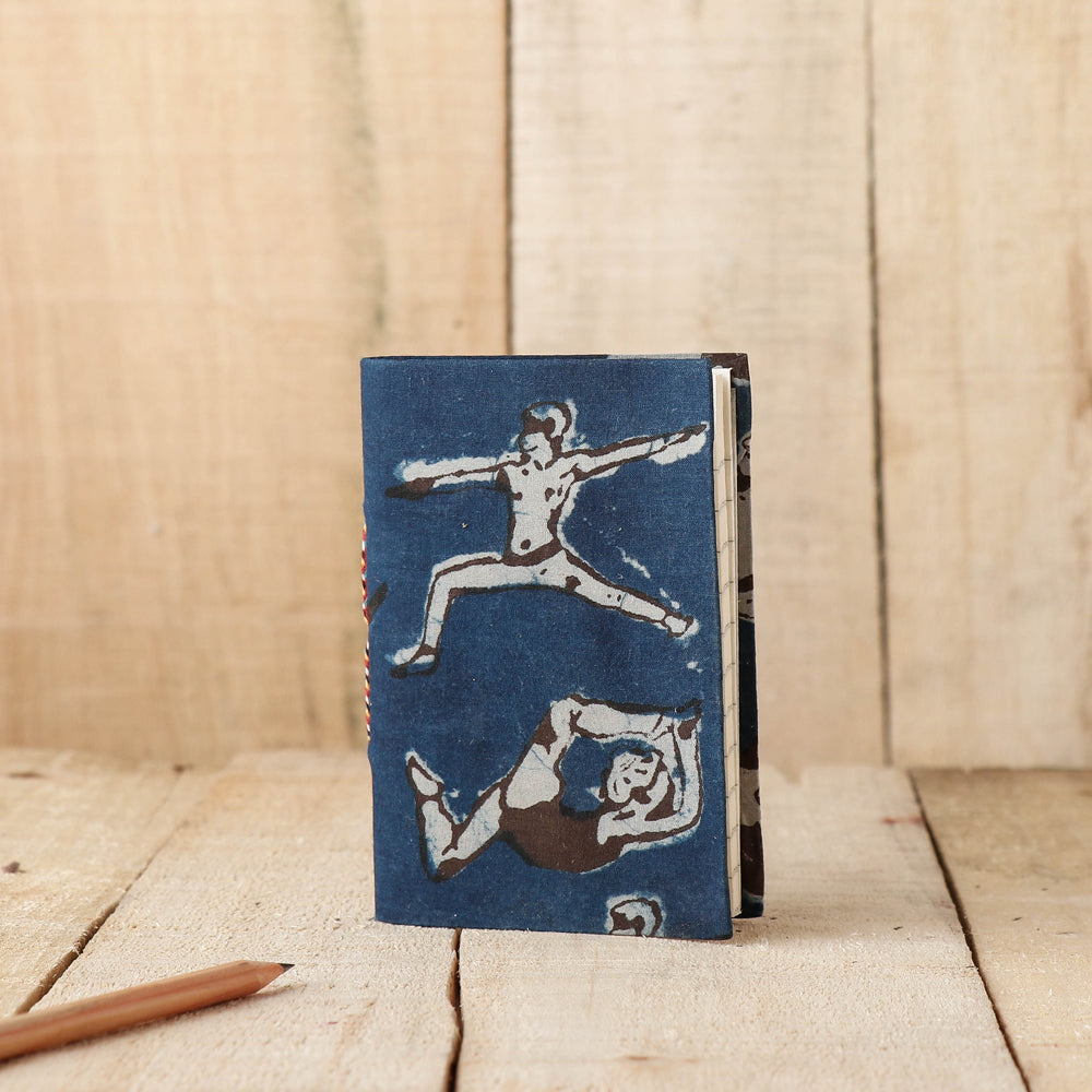 Blue - Art Block Print Fabric Cover Handmade Paper Notebook (5 x 3.5 in)