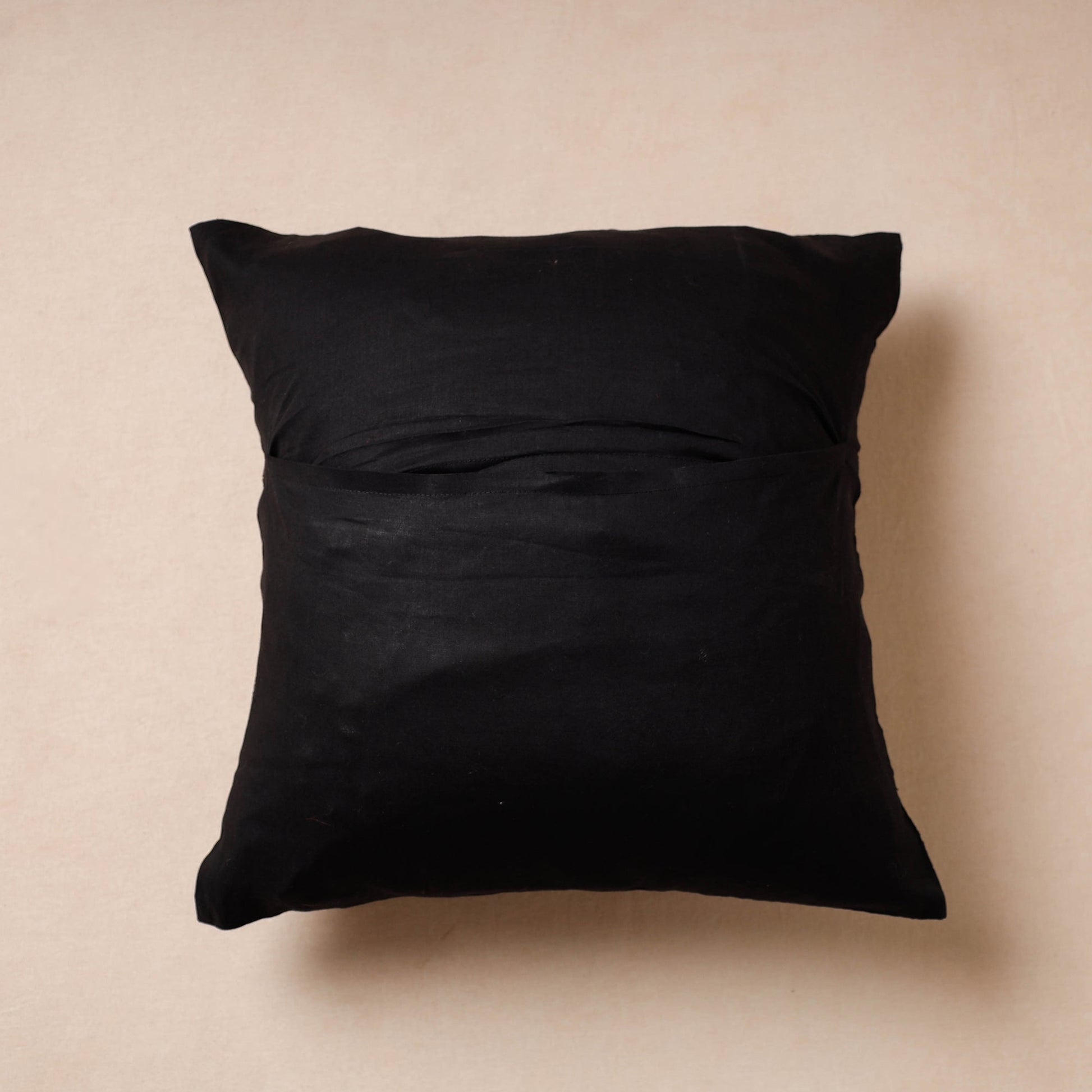 Black - Bengal Kantha Embroidery Mulberry Silk Cushion Cover (16 x 16 in)